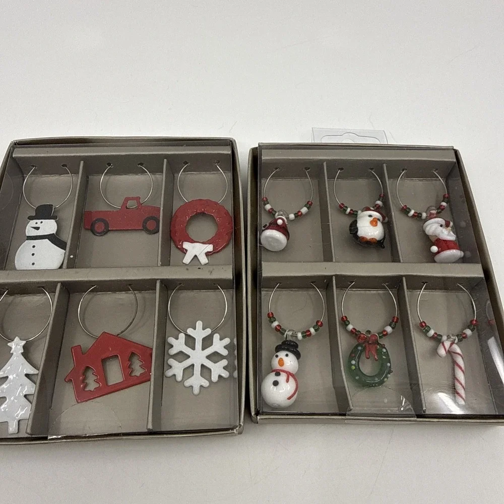 2 Pier 1 Holiday Drink Art Glass & Metal Penguin Santa Charms Wine Glass Snowman